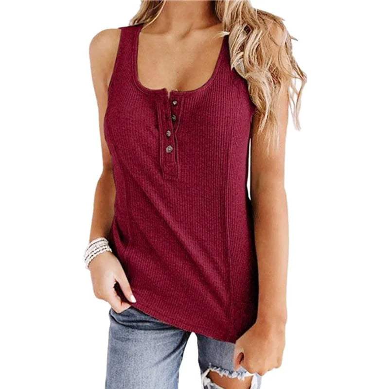 Elegante gilet da donna in maglia a costine con elegante scollatura senza maniche e taglio aderente con bottoni