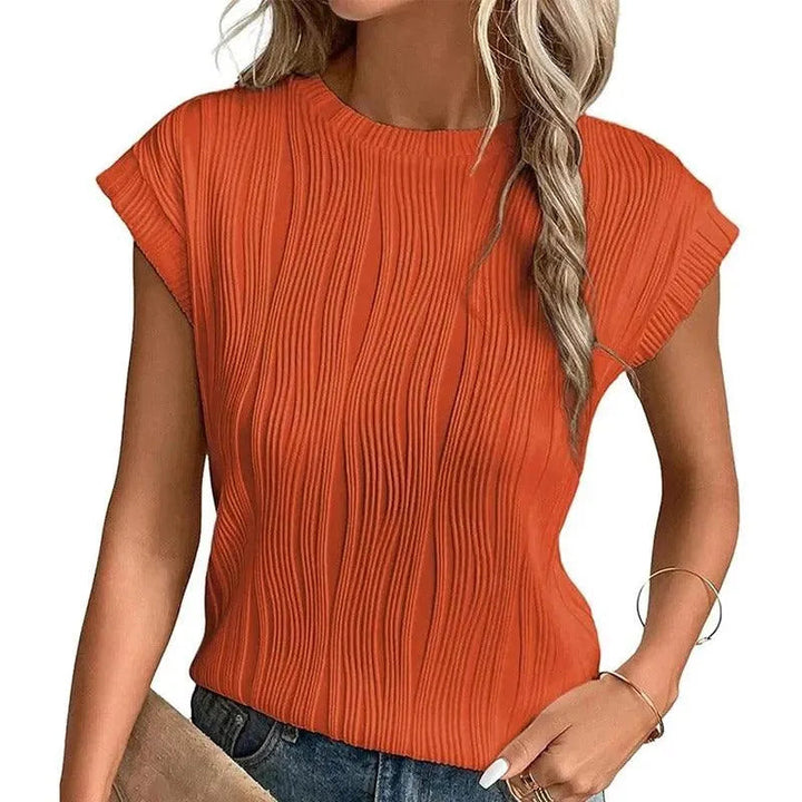 Camicetta elegante da donna con maniche corte e scollatura impreziosita - T-shirt elegante con texture a pieghe e scollatura a punta
