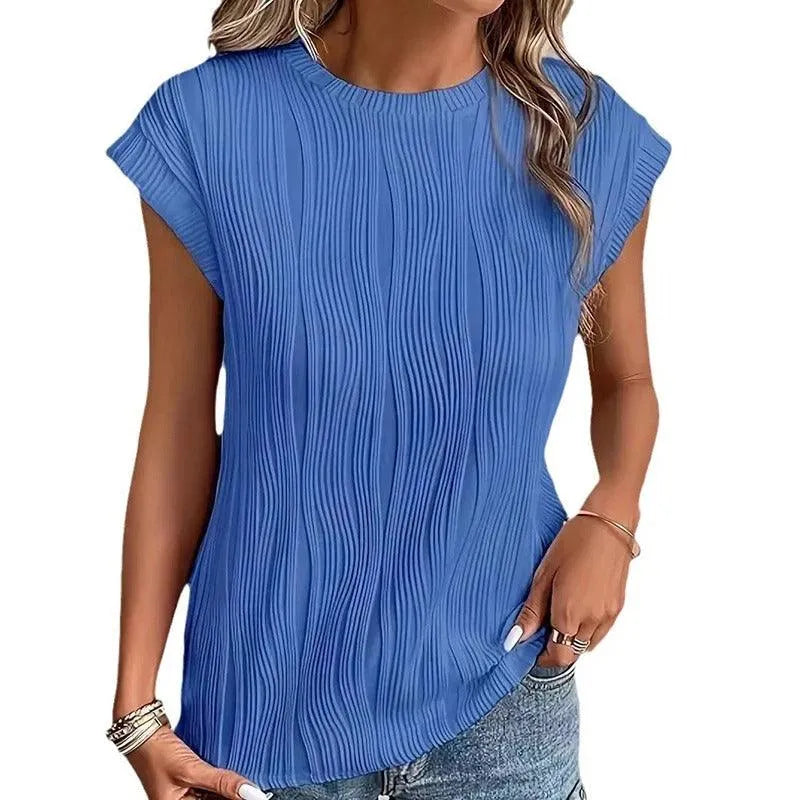 Camicetta elegante da donna con maniche corte e scollatura impreziosita - T-shirt elegante con texture a pieghe e scollatura a punta