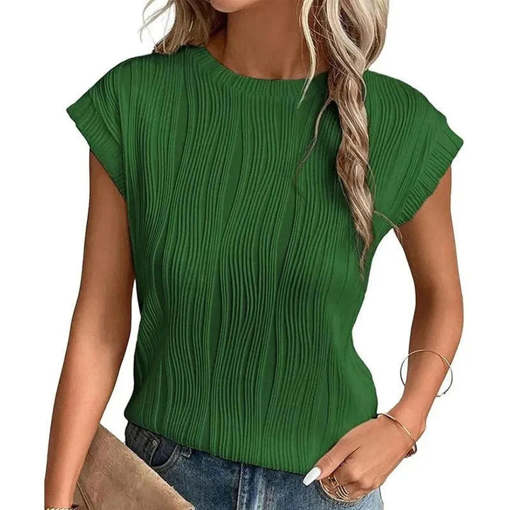 Camicetta elegante da donna con maniche corte e scollatura impreziosita - T-shirt elegante con texture a pieghe e scollatura a punta