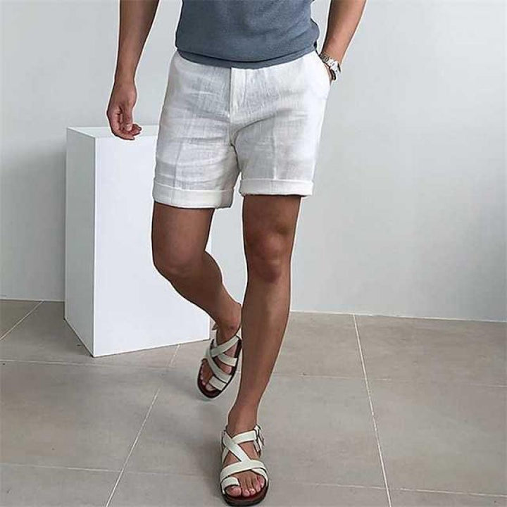 メンズリネンショートパンツ リラックスフィット クッフドヘム 軽量で通気性抜群