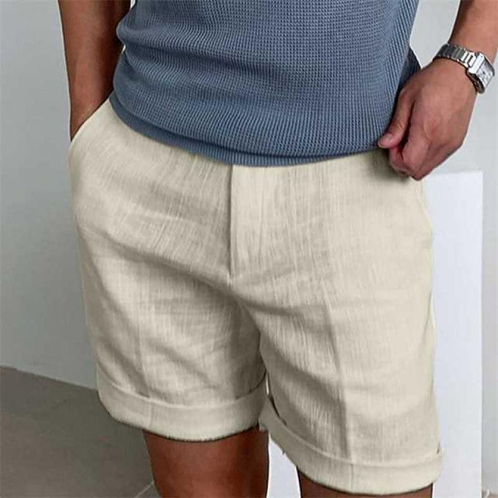 メンズリネンショートパンツ リラックスフィット クッフドヘム 軽量で通気性抜群