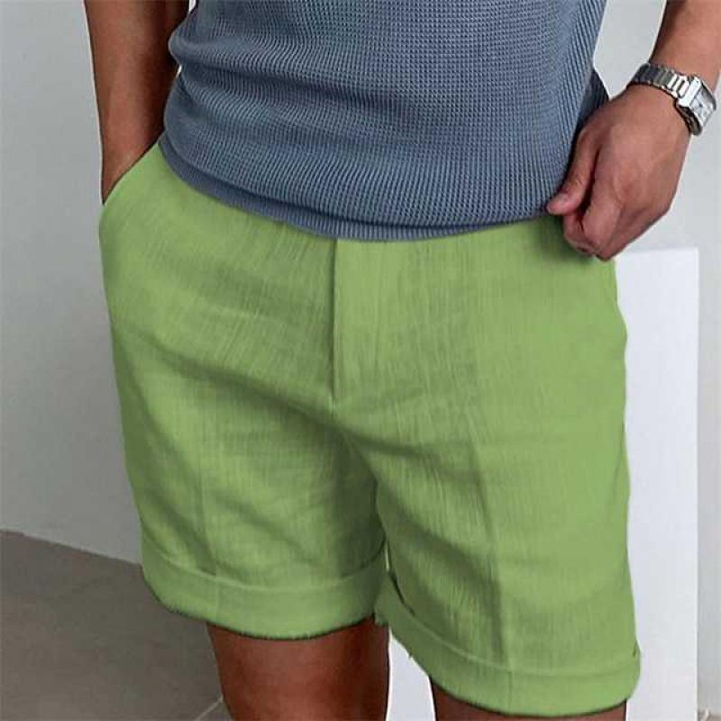 メンズリネンショートパンツ リラックスフィット クッフドヘム 軽量で通気性抜群