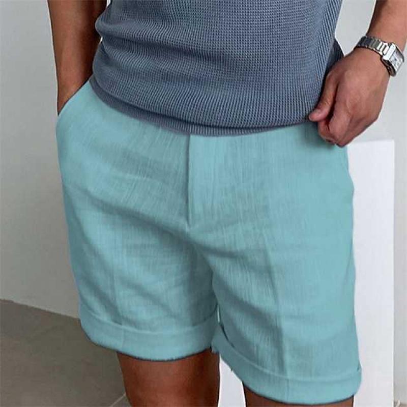 メンズリネンショートパンツ リラックスフィット クッフドヘム 軽量で通気性抜群