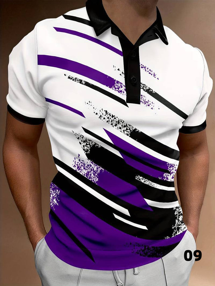 Polo elegante da uomo con moderna stampa astratta, manica corta, bottoni e vestibilità ampia.