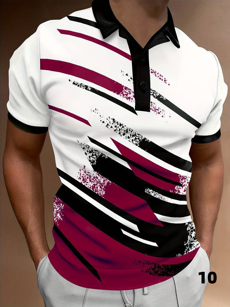 Polo elegante da uomo con moderna stampa astratta, manica corta, bottoni e vestibilità ampia.