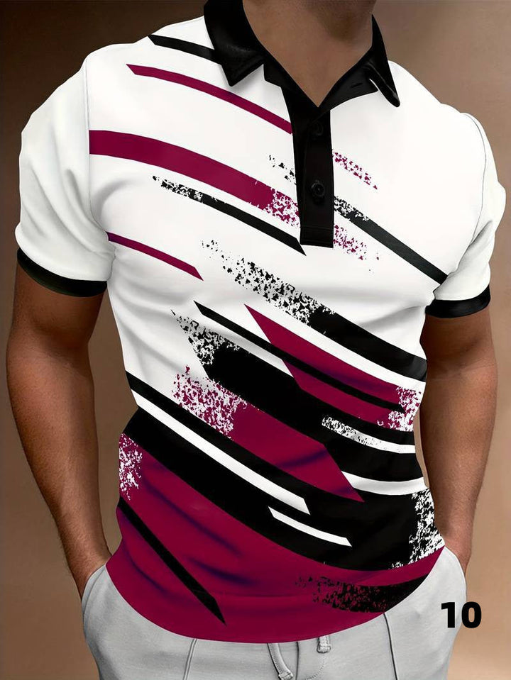 Polo elegante da uomo con moderna stampa astratta, manica corta, bottoni e vestibilità ampia.