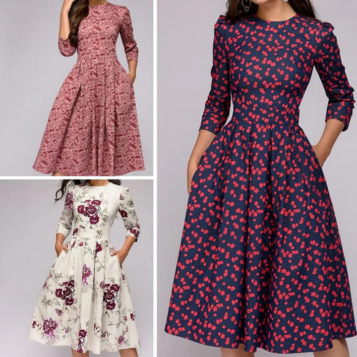 Elegante abito da donna con linea ad A e affascinante motivo floreale, lunghezza al ginocchio ed eleganti maniche a tre quarti